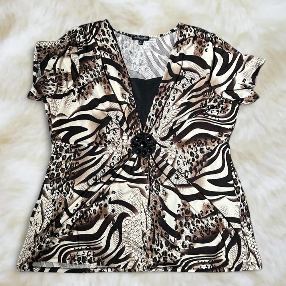 Notations Cheetah Animal Print Draped Blouse Brown Y2K Tuscan Mom 2XL